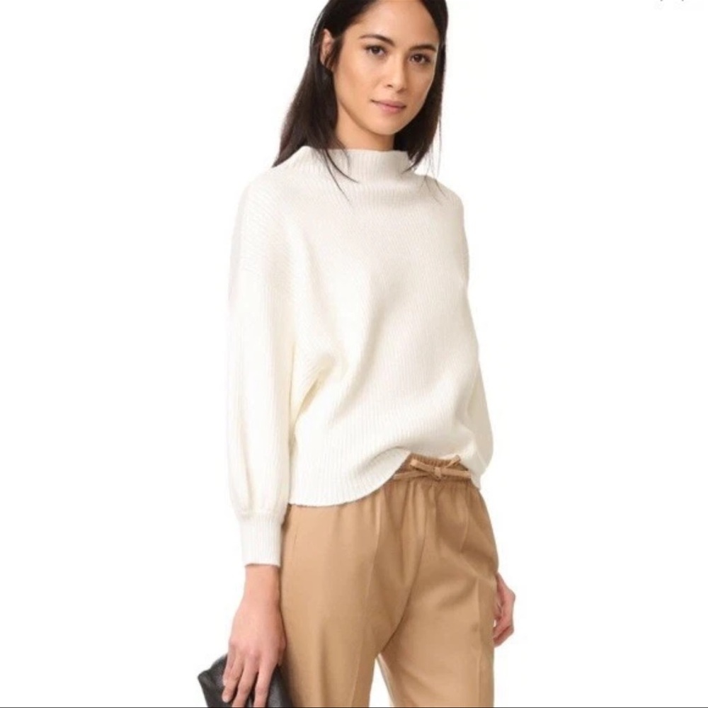ANTHROPOLOGIE Balloon Sleeve Rib-ChainStitch VDetail Neck Sweater SoftIvory — S